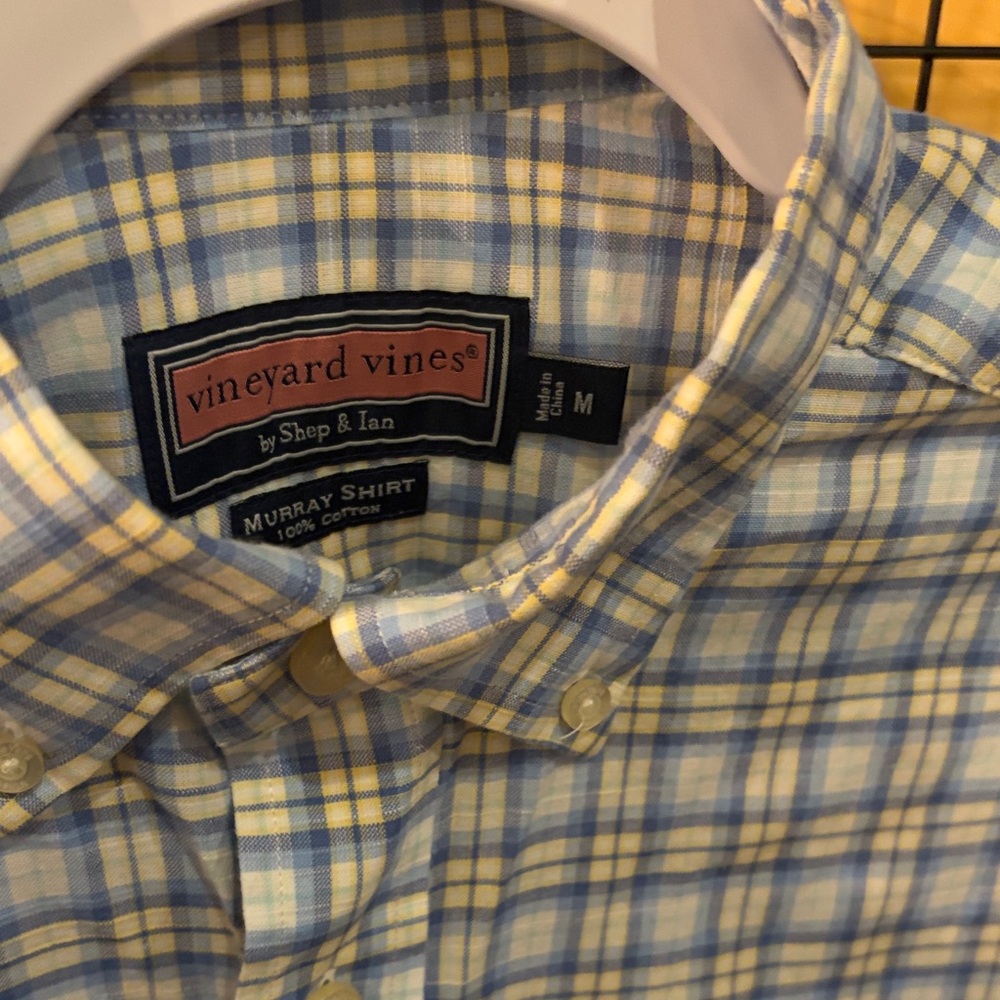 Vineyard Vines Men's Yellow and Blue Plaid Shirt